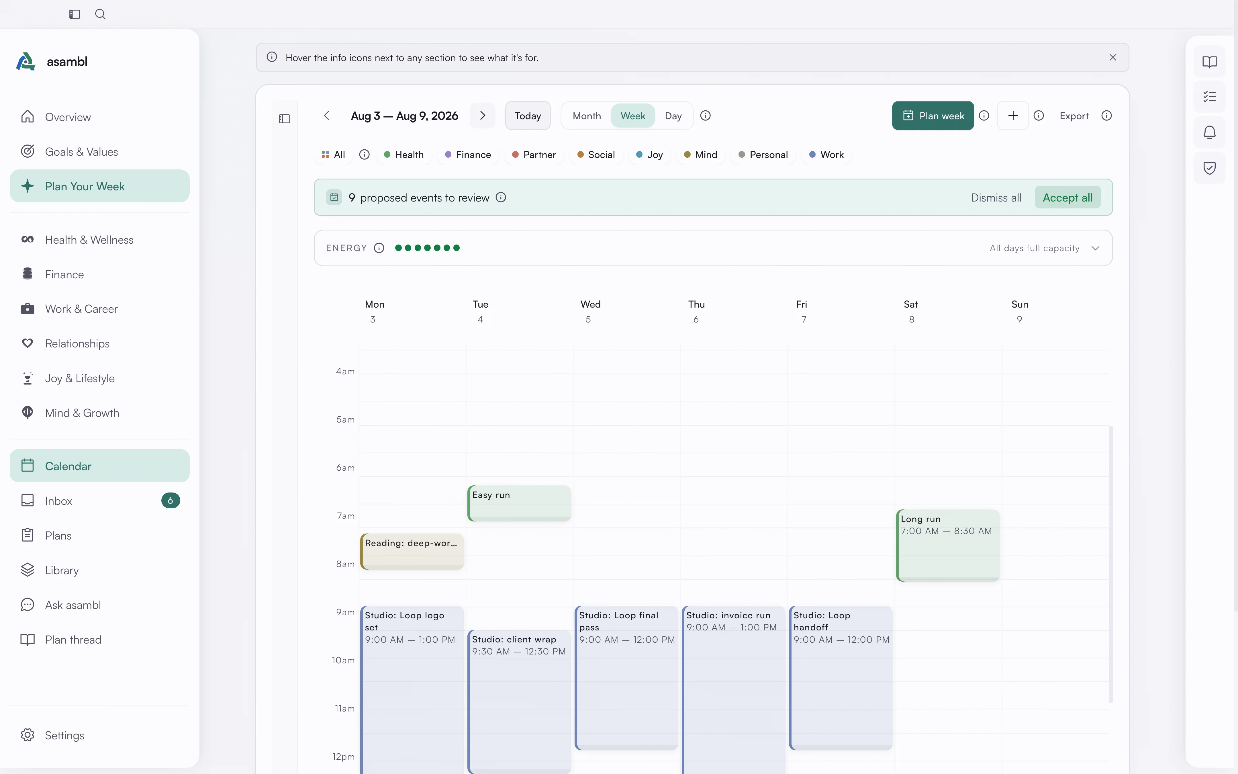 Proposed plan events on the calendar