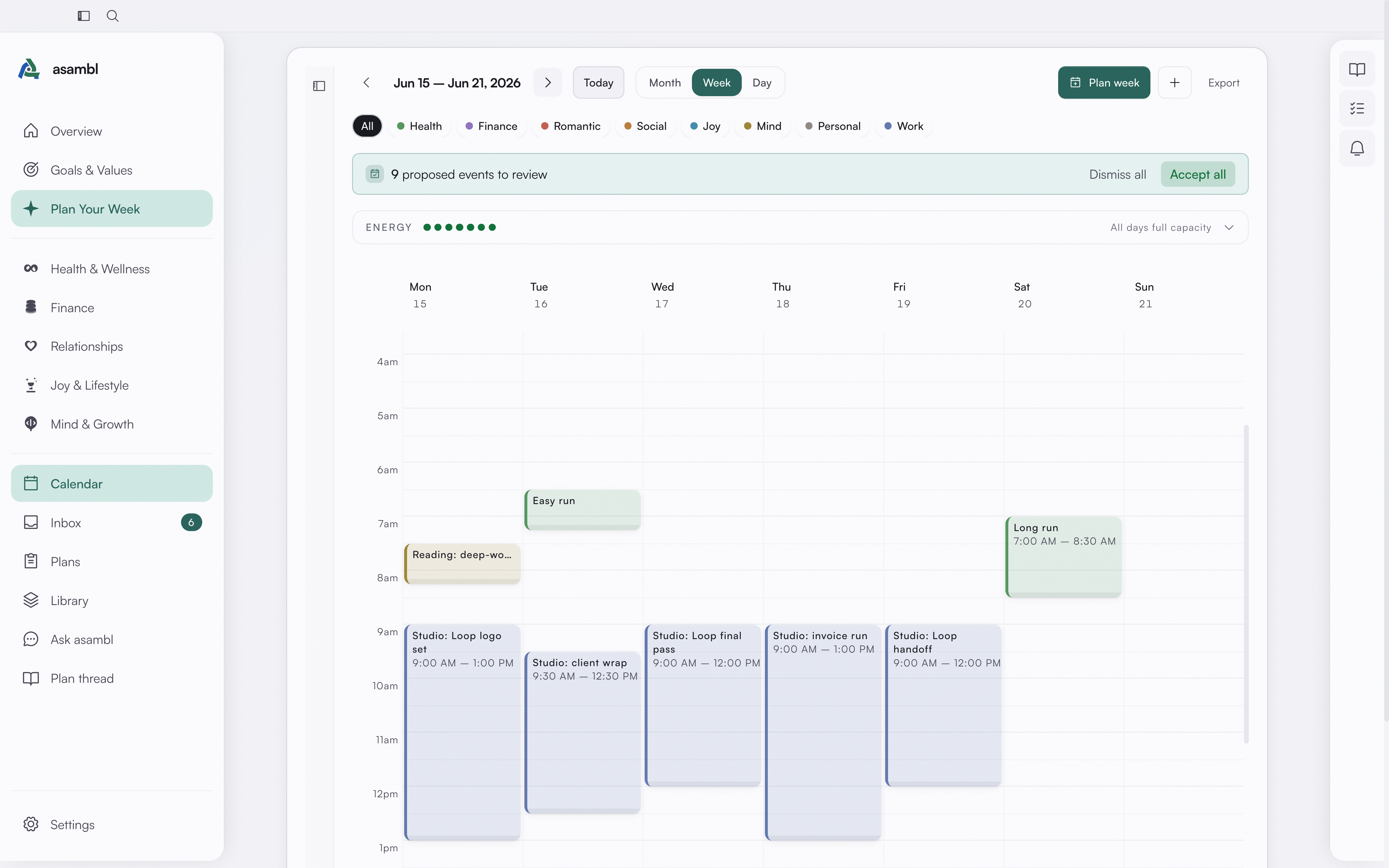 Proposed plan events on the calendar